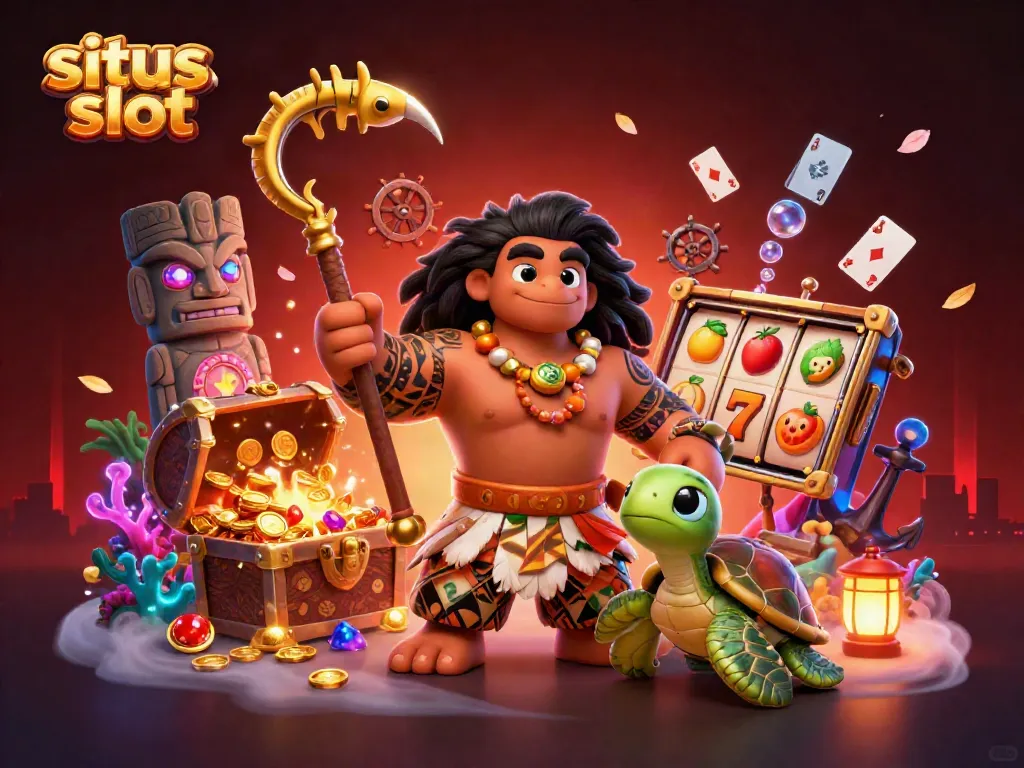 Gambarlah slot dengan karakter utama demigod Maui dan kura-kura Moana, simbol keberuntungan, serta efek visual. Situs slot penuh warna dan menarik.