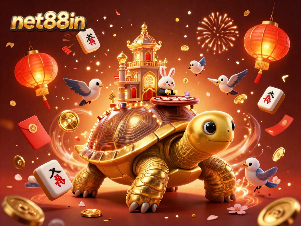 Experience net88in's vibrant gaming scene with a golden tortoise casino and festive elements.