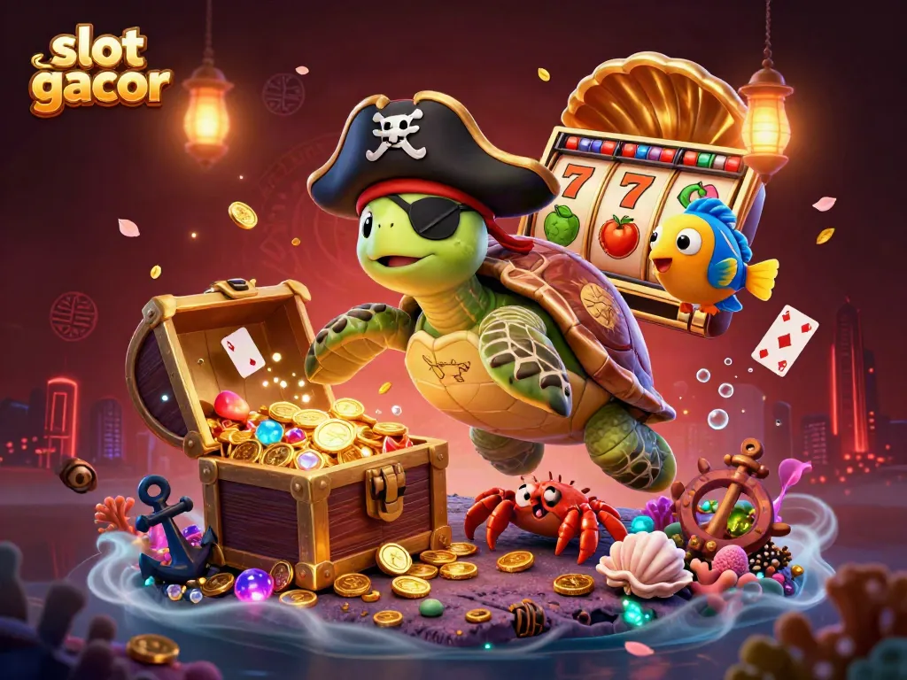 Engage with vibrant slot gacor scene featuring cartoon pirate turtle and treasures in underwater casino.