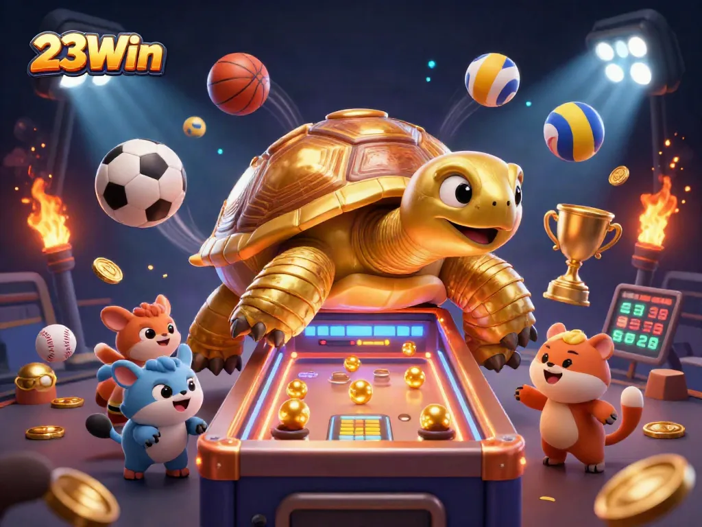 Experience the excitement of 23Win with golden tortoise pinball and dynamic sports betting elements.
