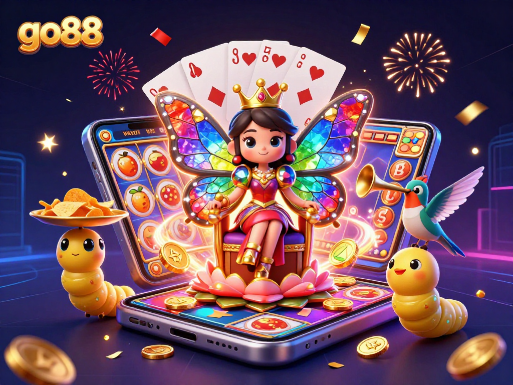 Experience go88's excitement with colorful slot games and vibrant characters in a dynamic casino scene.