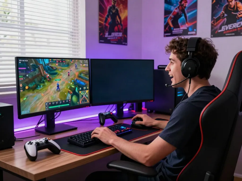 Exciting game online setup with a passionate gamer in a vibrant gaming environment.