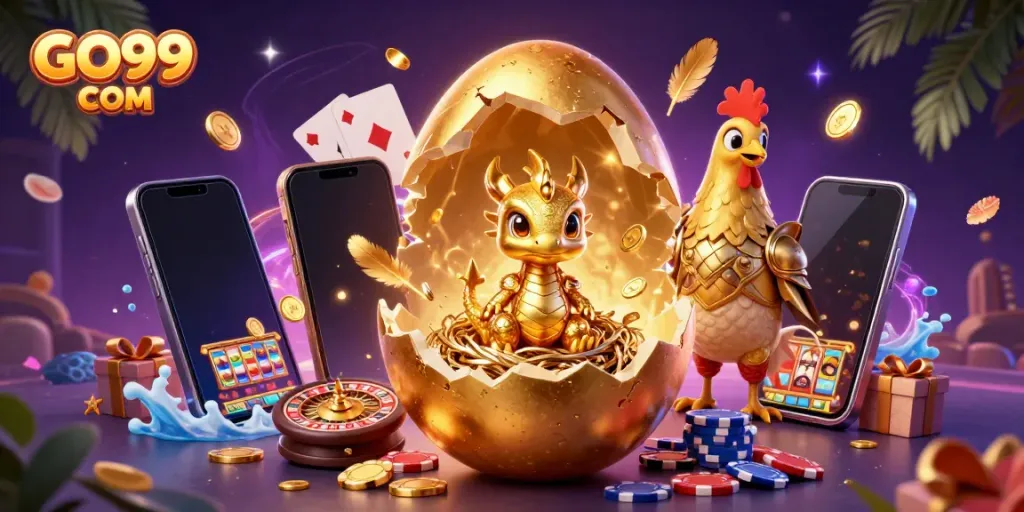 Experience excitement with GO99 COM, featuring a golden dragon and vibrant casino elements