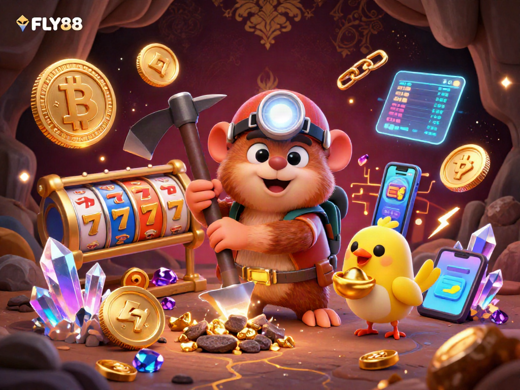 Engage with FLY88's vibrant slots experience, featuring a treasure-hunting mole in an electrifying casino cave.