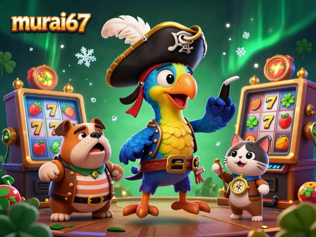 Murai67 showcases an engaging pirate-themed casino scene with vibrant slot machines and animated characters.