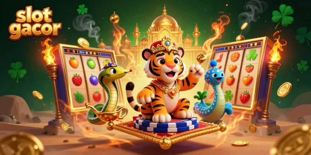 Mesin slot gacor berisi simbol buah berkualitas tinggi dan tumpukan koin emas.