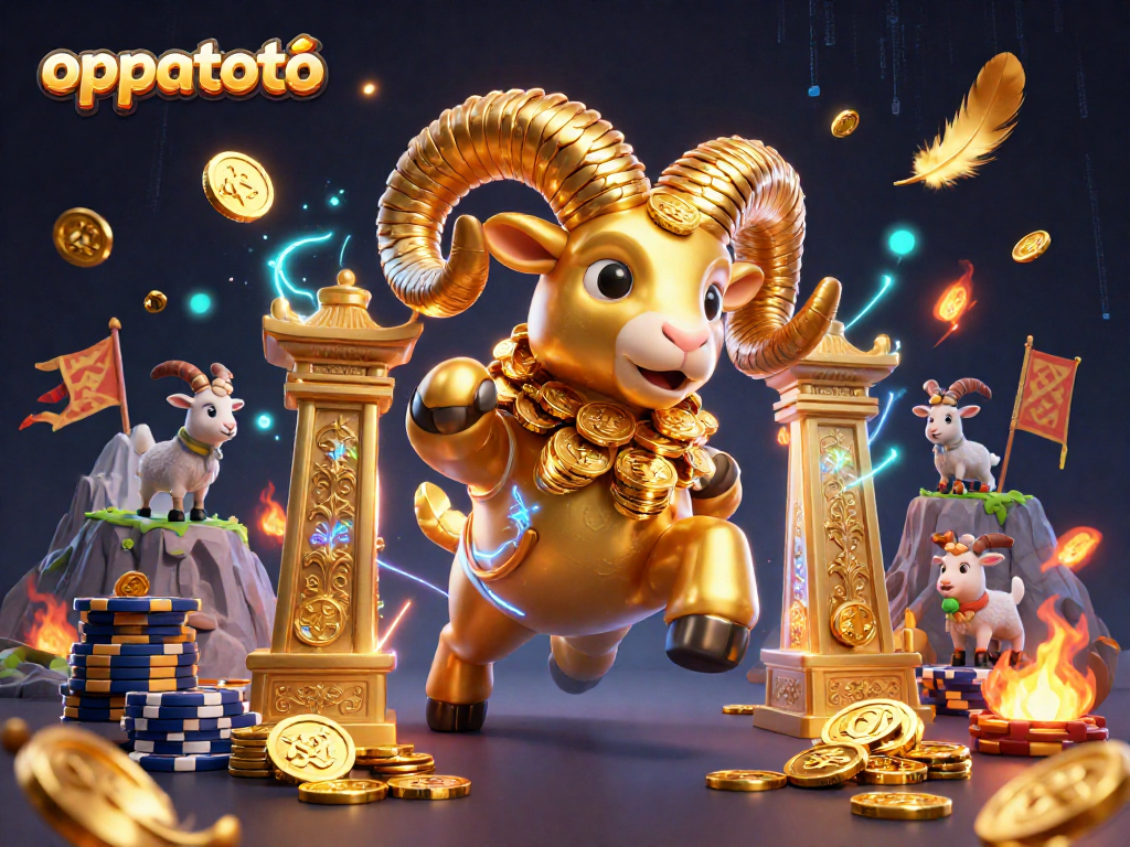 Oppatoto showcases thrilling betting action with a golden ram heroically charging at a cash-filled gate.