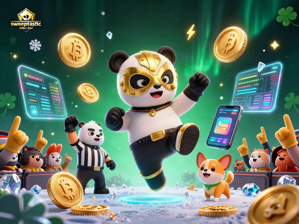 Sweeptastic sister sites showcase a panda wrestler flying through a vibrant casino scene.