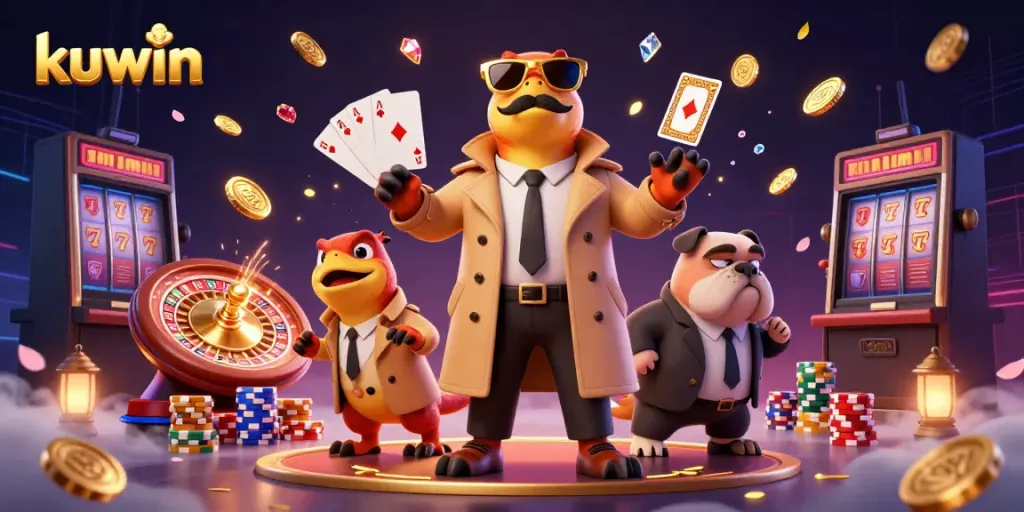 Kuwin-themed illustration showcasing raptors in disguise entering a casino, surrounded by casino elements.