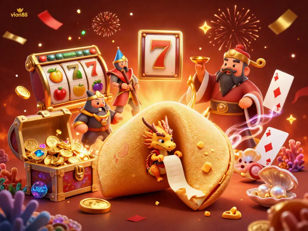 Experience thrilling gameplay with vion88 featuring vibrant slot symbols and a dynamic golden scene.