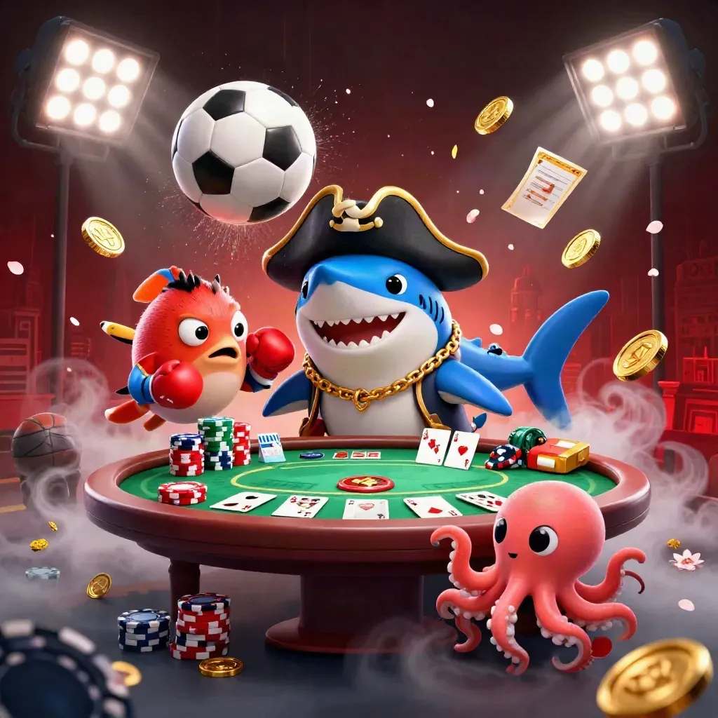Low-angle pirate shark, pufferfish, and octopus amid soccer ball, chips, coins, and neon storm light.