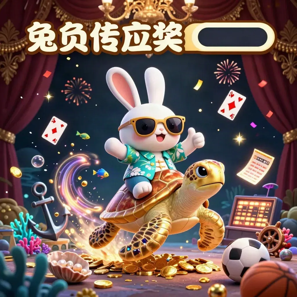 Cartoon rabbit on golden sea turtle in treasure cove with cyan sparks and casino icons.
