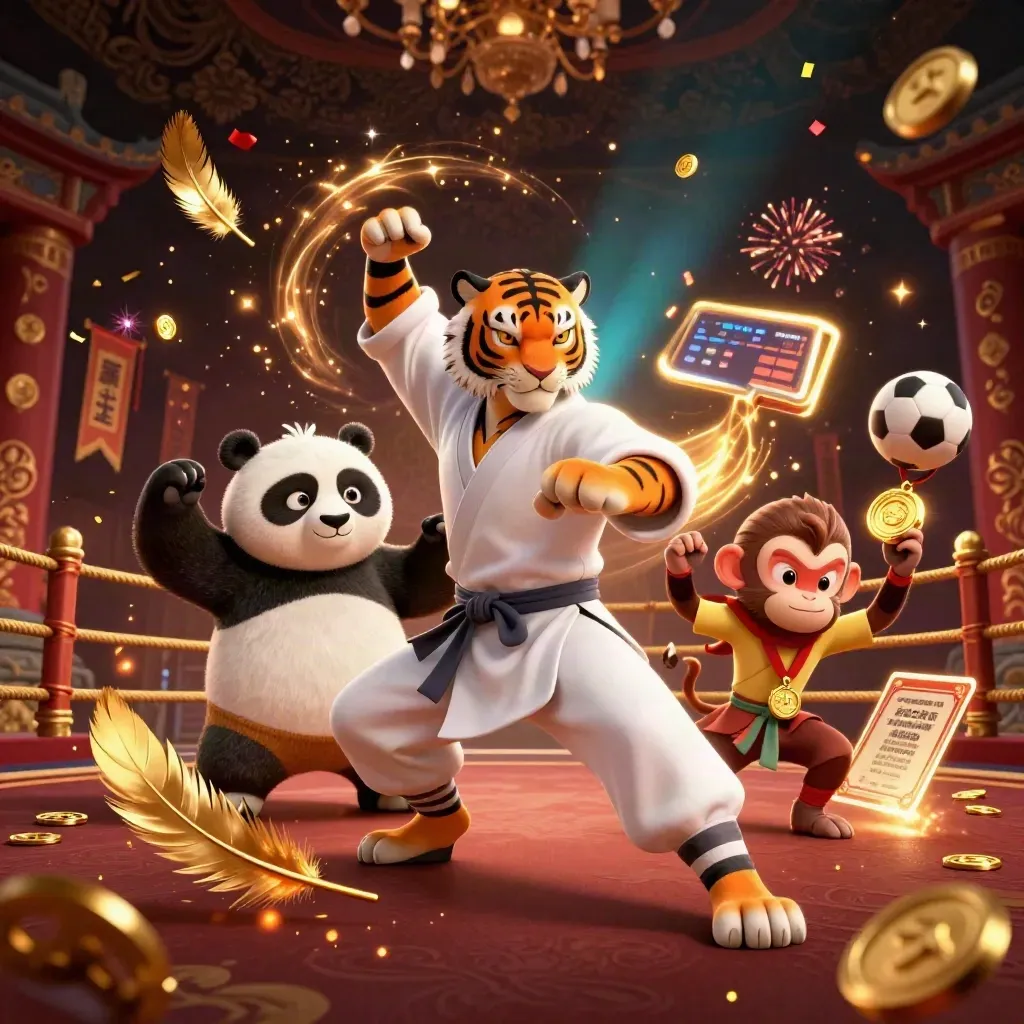 Kung-fu tiger, panda, and monkey amid casino energy, gold sparks, and sports props.