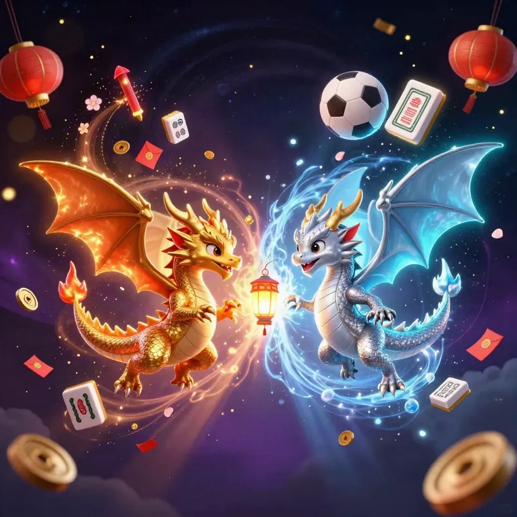 Gold and silver dragons swirl in a neon yin-yang with casino symbols and storm light.