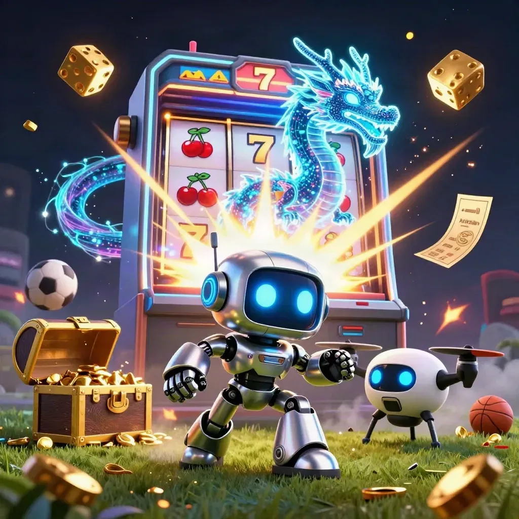 Ground-level cyberpunk robot, dragon, and coin drone amid exploding slot symbols and sports gear.