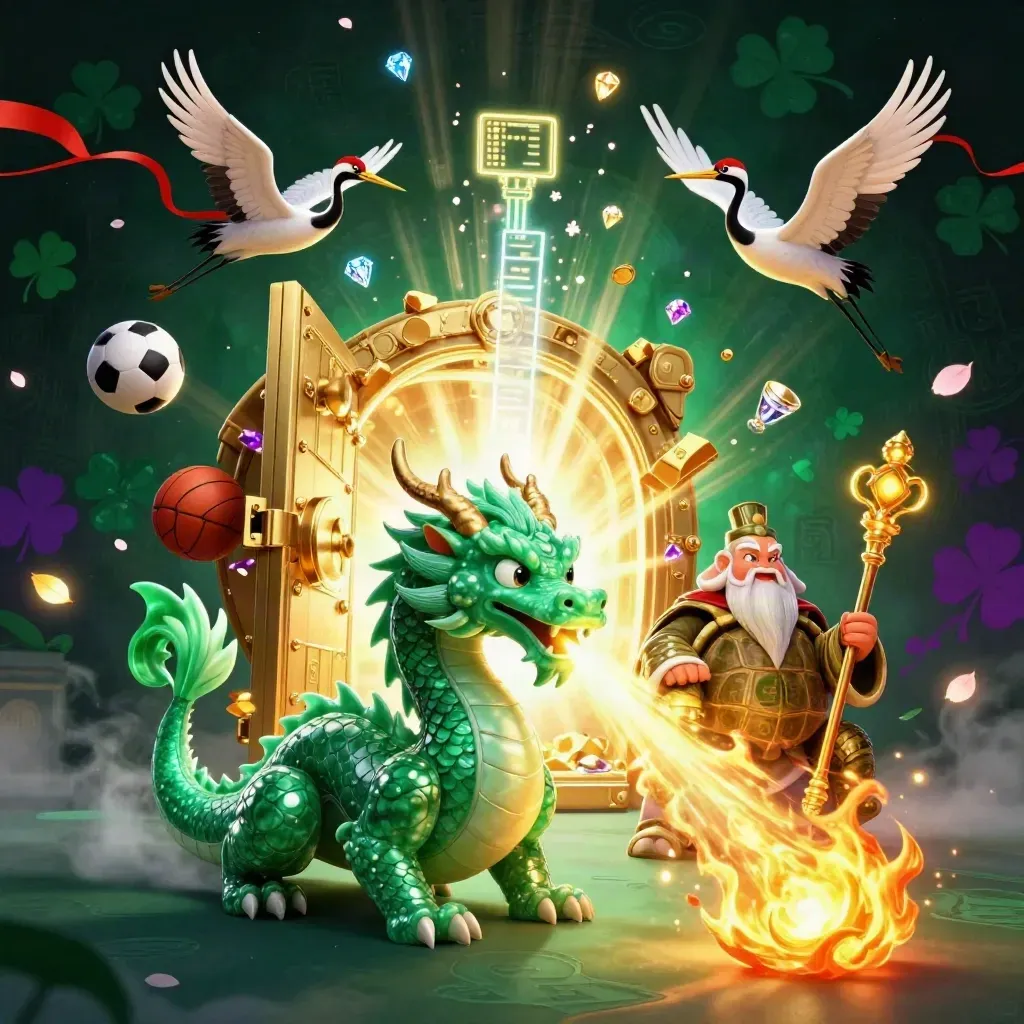 Jade dragon, turtle sage, and cranes amid vault gold, fire, and casino fantasy light.