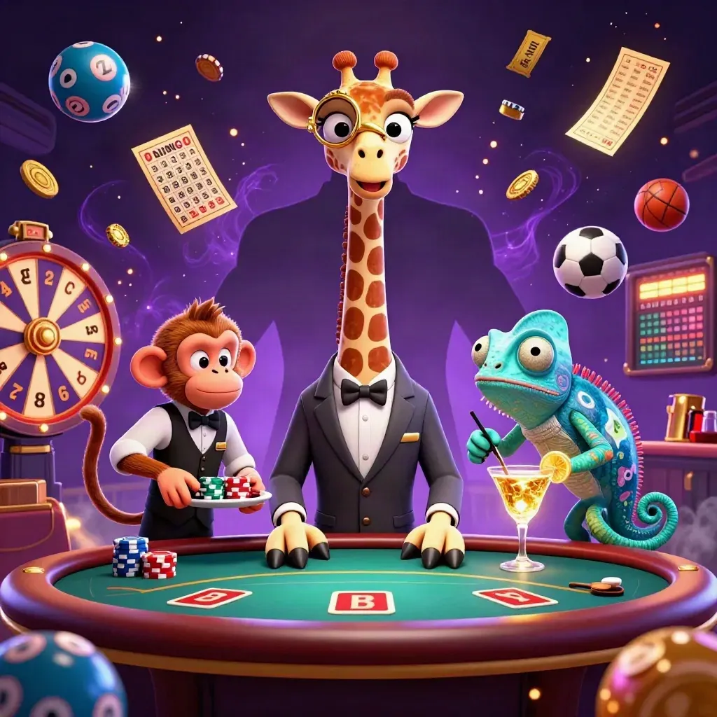 Giraffe, monkey and chameleon at a glowing VIP poker table amid casino-game bursts and neon haze.