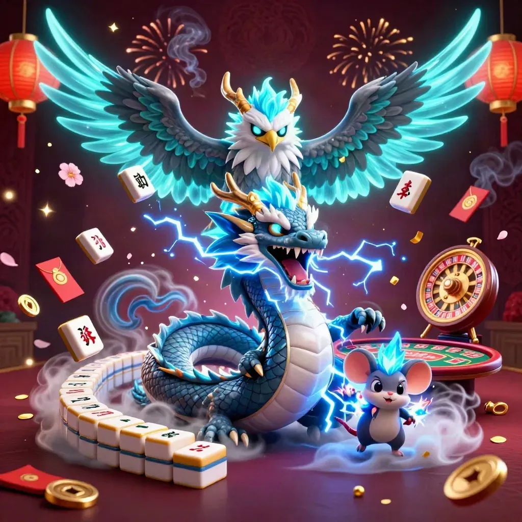 Storm dragon, wind hawk, and thunder-mouse amid casino luxury, coins, lanterns, and lightning