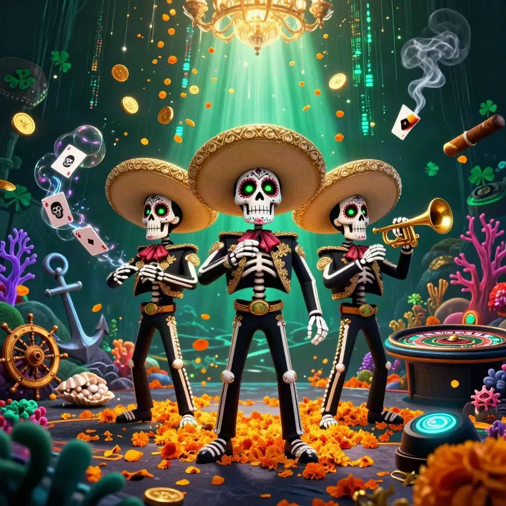 Day-of-the-Dead mariachi skeletons amid casino treasure, neon storm light, roulette spin, and gold coins