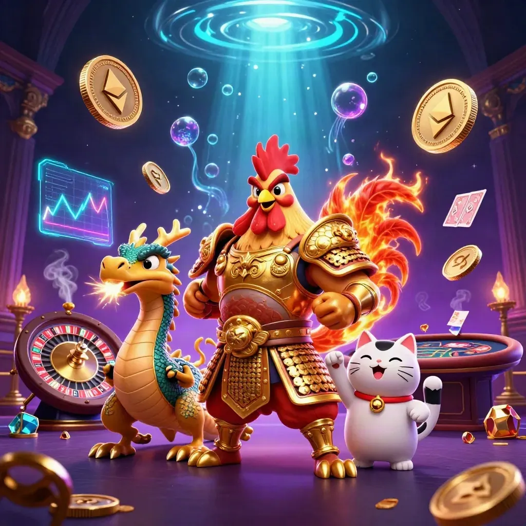 Rooster samurai, spark-breathing dragon hatchling and fortune-cat in a neon casino storm