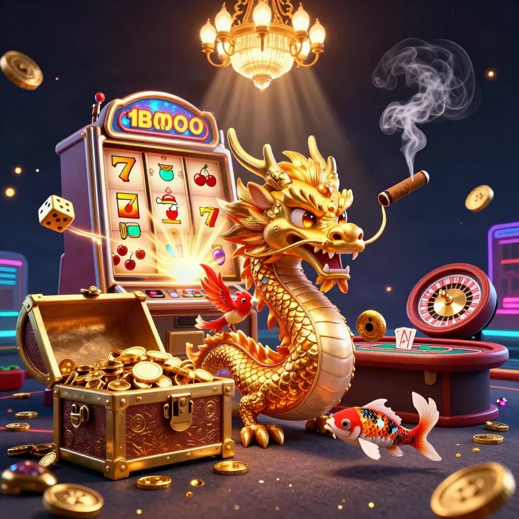 Golden dragon and phoenix amid slot reels, coins, and neon casino lights in a stormy dark scene.