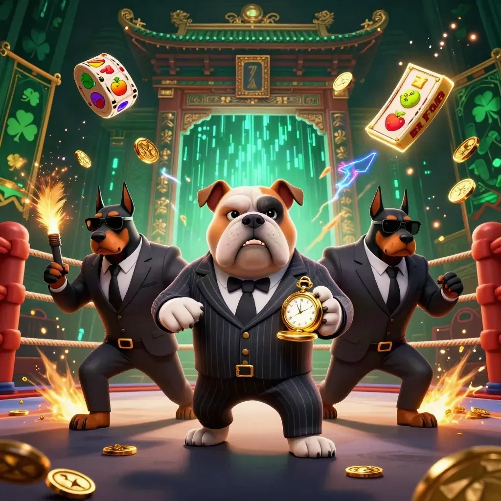 Bulldog mob boss and Doberman guards in a neon storm casino scene with treasure and temple gate