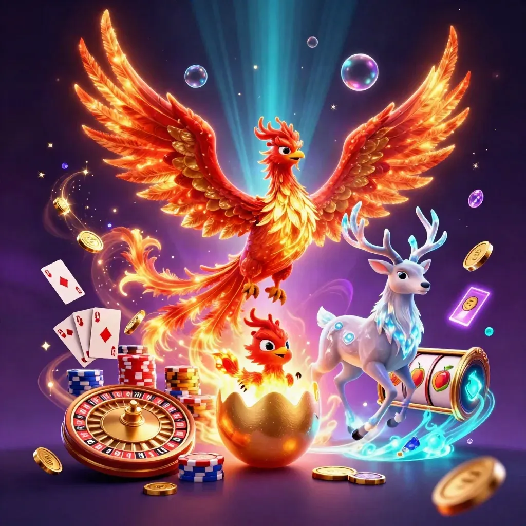 Phoenix, hatchling, and crystal stag amid coins, gems, chips, roulette wheel, and neon storm glow.