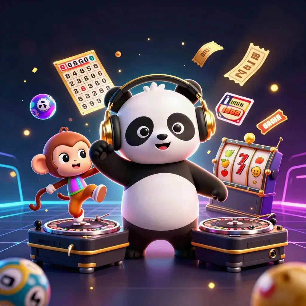 DJ panda, monkey, and glow-stick kitten in a neon casino key art scene