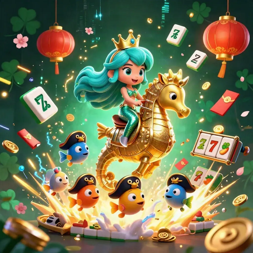 Mermaid princess on a gold seahorse amid treasure, neon bolts, lanterns, coins, and casino symbols.