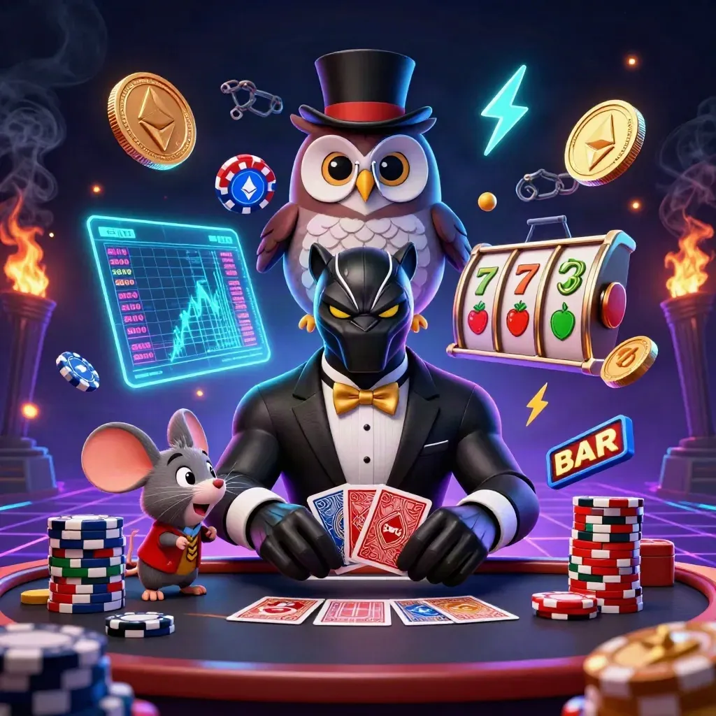Panther dealer, owl and mouse amid cyan casino coins, lightning, reels and fire on a dark neon grid.