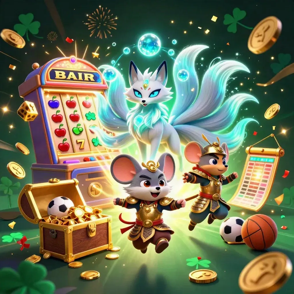 Fox spirit and armored mouse amid jackpot burst, coins, fireworks, and emerald casino glow.