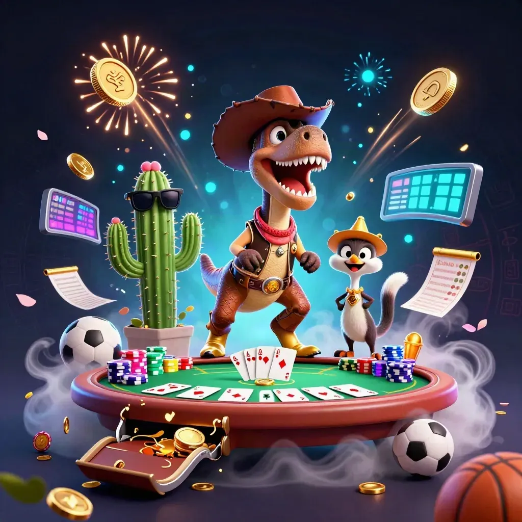 Cowboy T-Rex, cactus sidekick, and roadrunner amid exploding coins, chips, and fireworks.