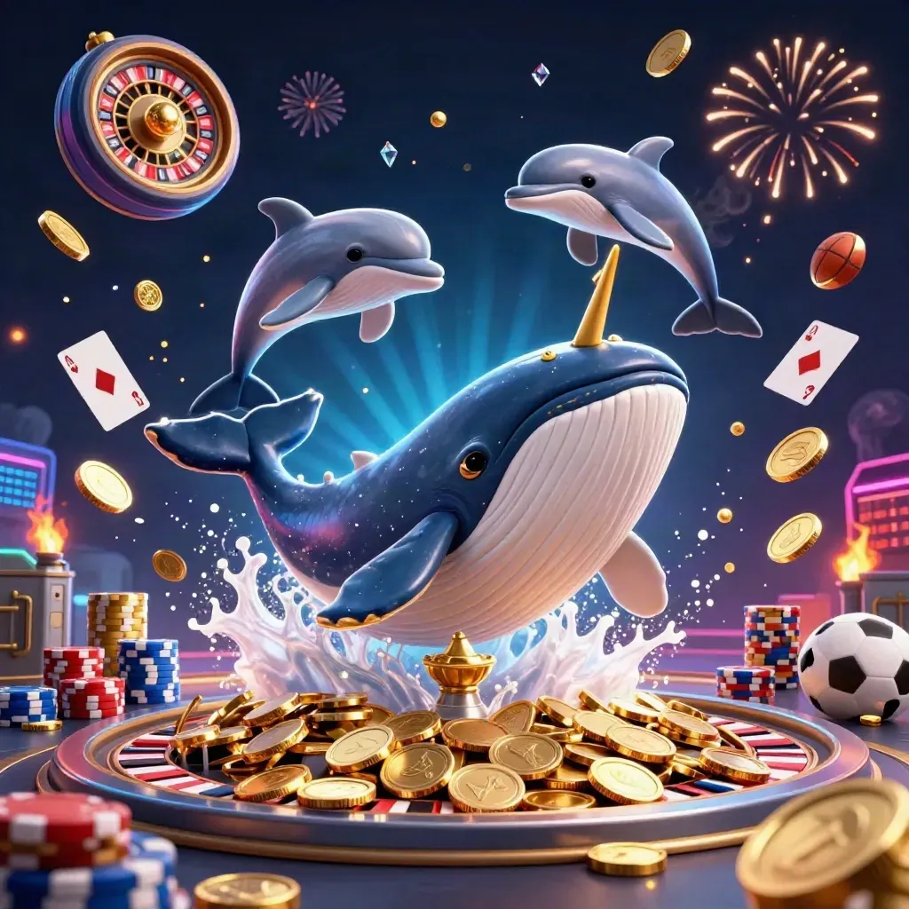 Whale captain, narwhal, and dolphins burst through coins with chips, gems, fireworks, and neon casino energy.