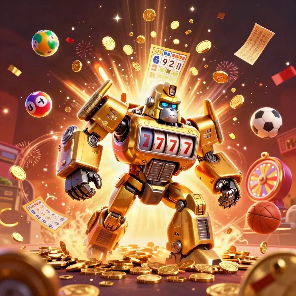 Golden gorilla mech with monkey pilot amid coins, lottery balls, fireworks, and sports props