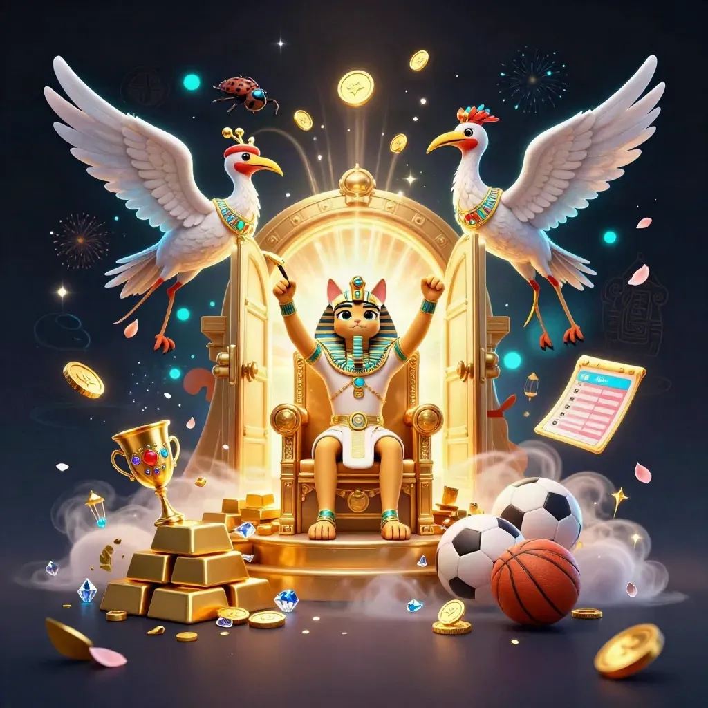 Pharaoh cat, ibis scribe and gem-wing scarabs erupt from a vault with gold, sports props and cyan light.