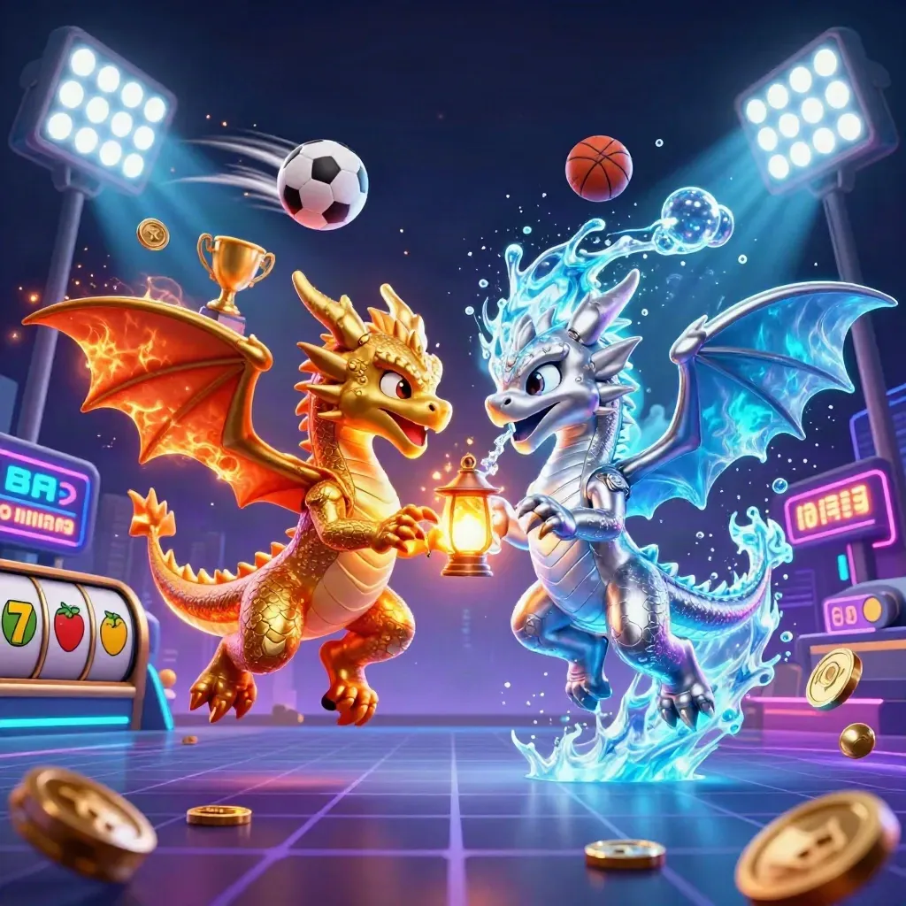 Gold and silver dragons spiral with sports balls, trophy, coins, and neon slot symbols in a stormy cyan glow.