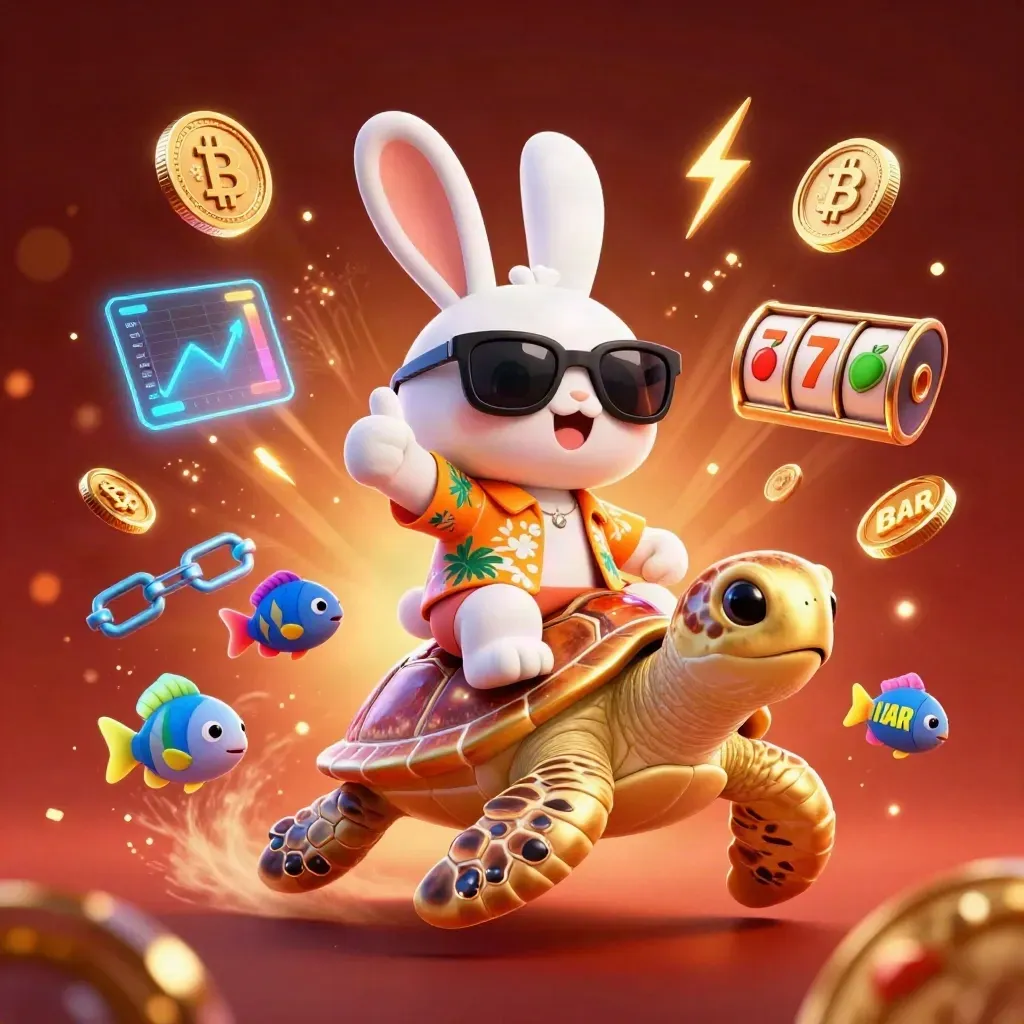 Lucky rabbit rides a gem-shell sea turtle amid neon coins, reels, lightning, and stormy casino effects.