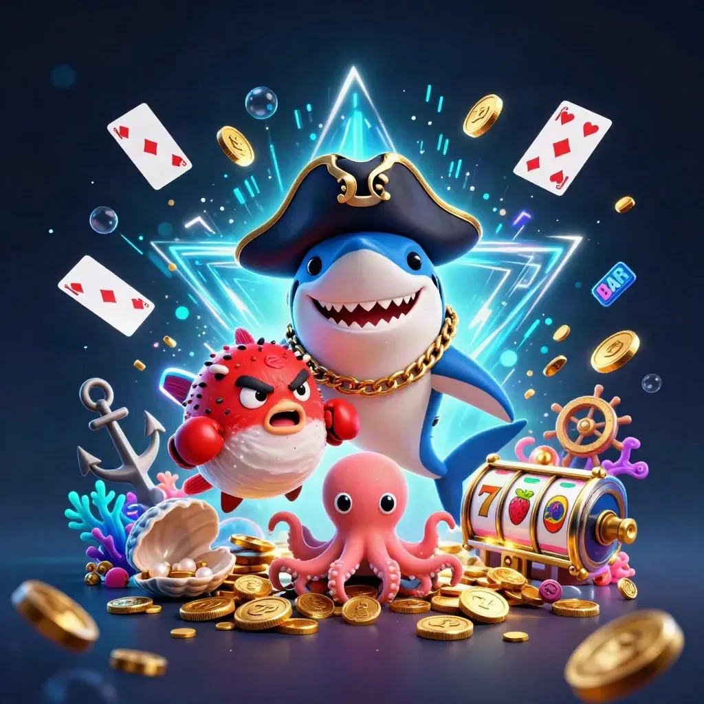 Pirate shark, boxing pufferfish, and coin-juggling octopus in a neon underwater treasure burst