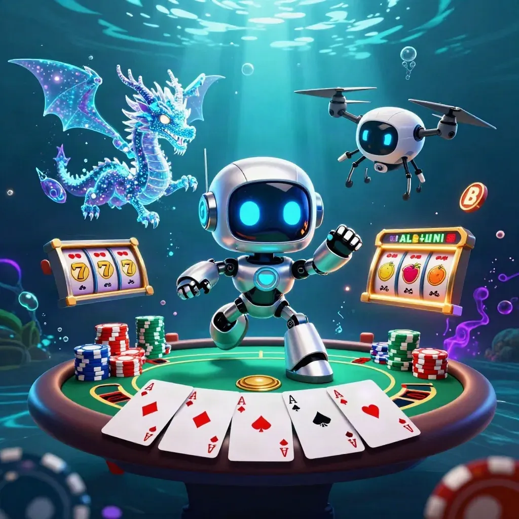 Cyberpunk robot, hologram dragon and coin drone amid poker chips, aces and slot reels underwater