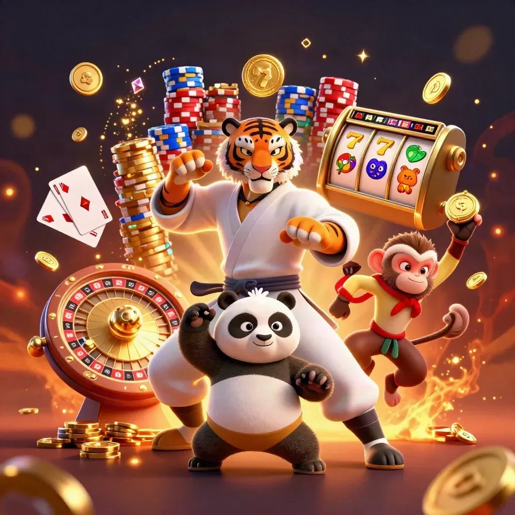 Tiger, panda, and monkey casino heroes amid coins, chips, reels, cards, and ember glow.