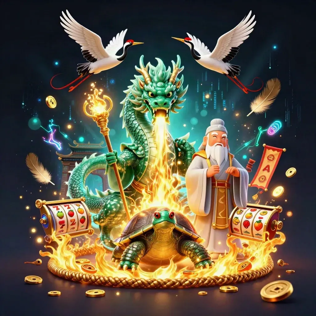 Emerald dragon, turtle sage, and cranes amid gold fire, casino symbols, and stormy neon magic.