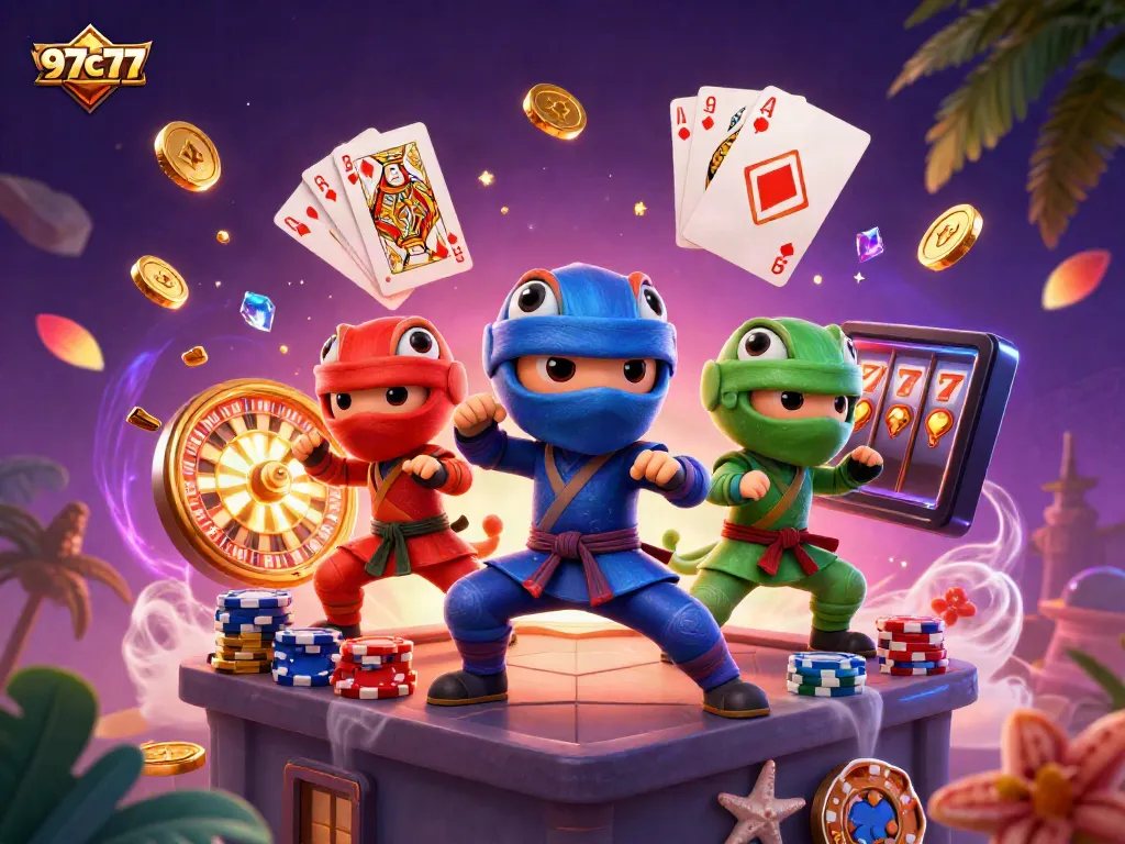 Experience exhilarating gaming action with 97c77's vibrant casino scene filled with a ninja team and spinning roulette.