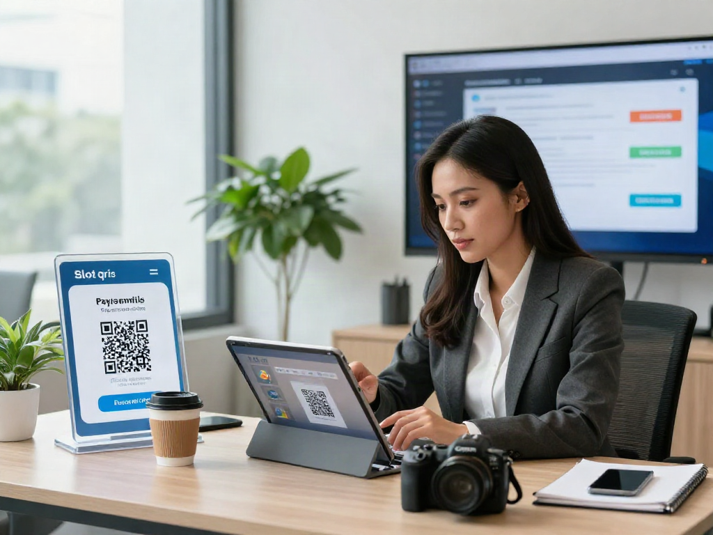 Professional woman using a tablet for slot qris transactions in a modern office.