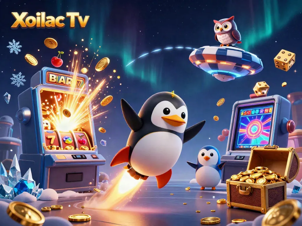 Xoilac Tv logo with a penguin and casino elements exploding with coins.