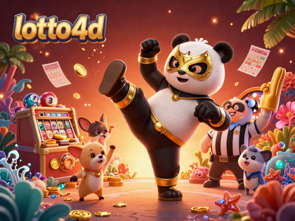Engage with lotto 4d's vibrant gaming scene featuring a wrestler panda and animal spectators.