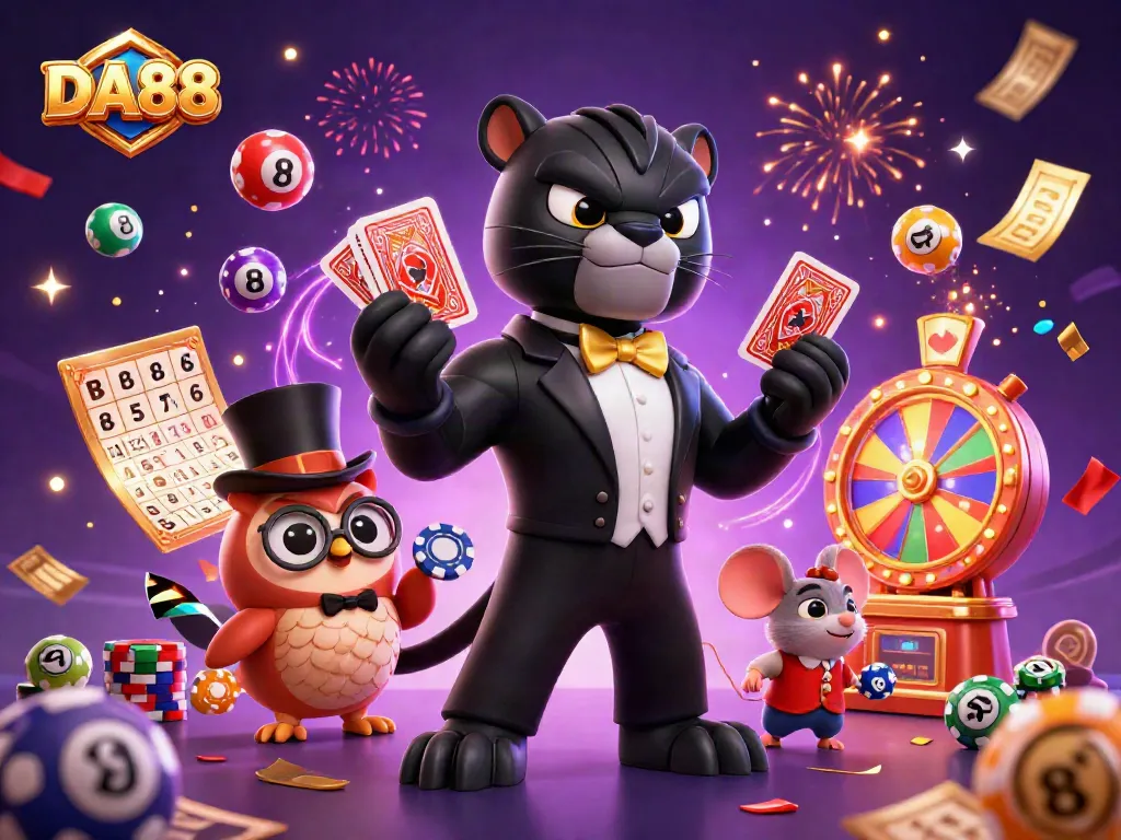 Experience thrilling game action at DA88 with vibrant casino characters and festive elements.