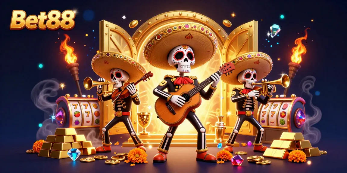 Engage with Bet88's vibrant casino scene featuring lively mariachi characters amidst gold and slot reels.