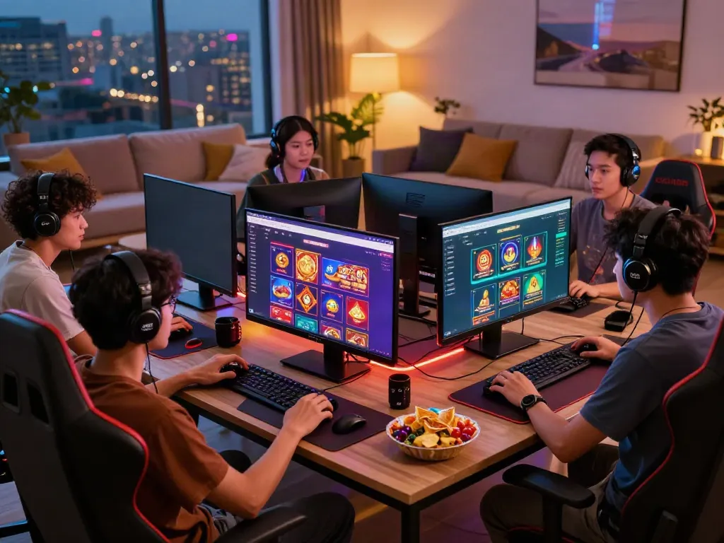 A diverse group of friends enjoying the A80 homepage on gaming monitors in a cozy living room setting.