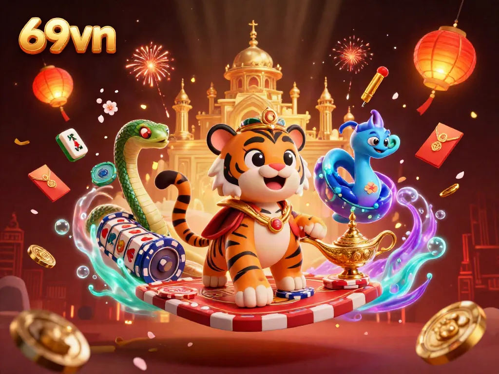 Engage with 69vn's vibrant casino scene featuring a magical sultan on a poker chip carpet, surrounded by exciting gaming elements.