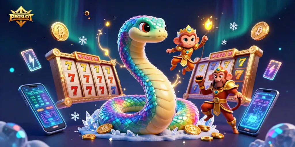 Join the fun with PESGSLOT as a rainbow serpent and monkey king capture the thrill of slot gaming.